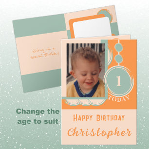 1st Birthday add name photo orange green Card