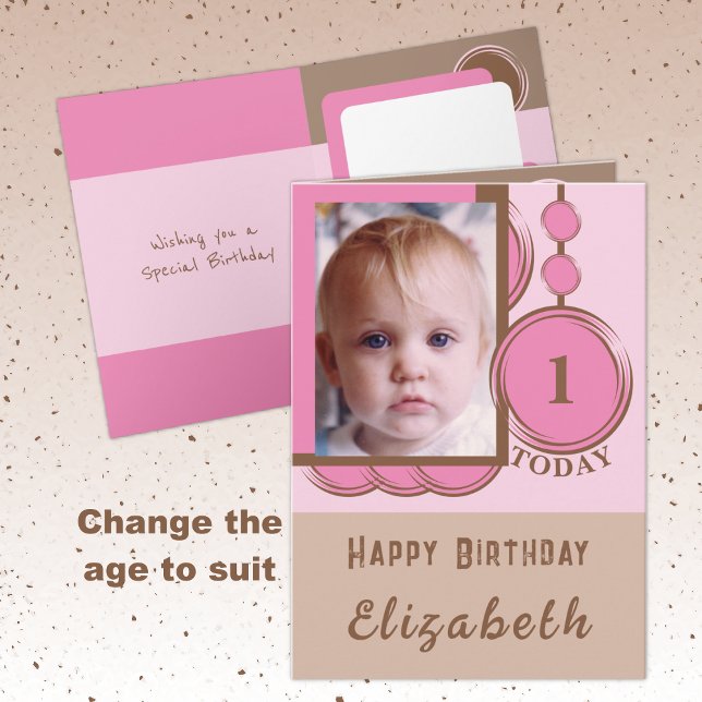 1st Birthday add name photo pink brown Card (Creator Uploaded)