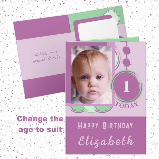 1st Birthday add name photo purple green Card (Creator Uploaded)