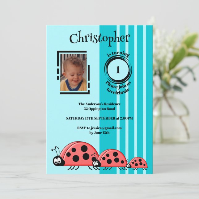 1st Birthday add photo ladybugs red blue Invitation (Standing Front)