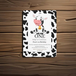 1st Birthday Adorable Black White Baby Cow  Invitation