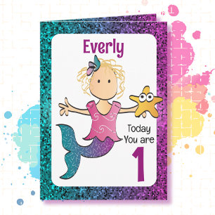 1st Birthday Adorable Sweet Mermaid Cartoon  Card