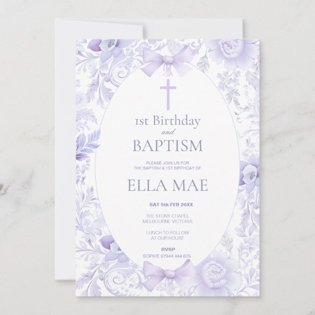 1st Birthday and Baptism for Girl Lilac Floral Invitation (Front)