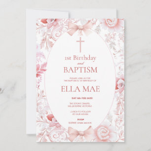 1st Birthday and Baptism for Girl Pink Toile  Invitation