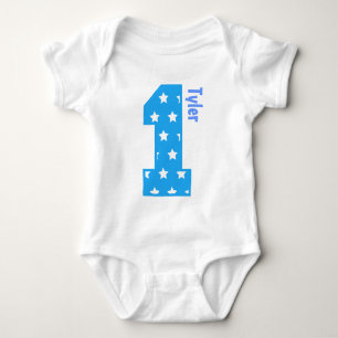 1st Birthday Baby Blue Stars One Year Old Name Bodysuit