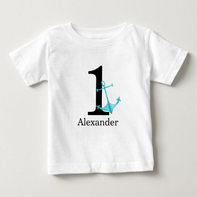 1st Birthday Baby Boy Nautical Anchor Custom Name T-Shirt (Front)