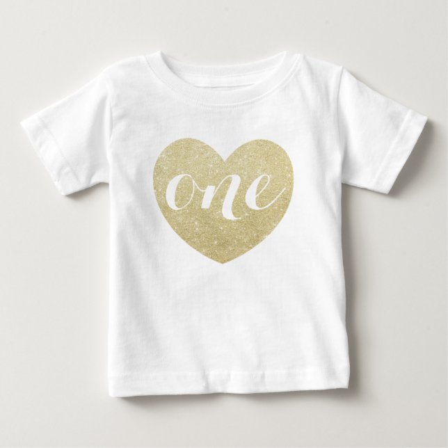 1st Birthday Baby Girl Glitter heart-Print T-Shirt (Front)