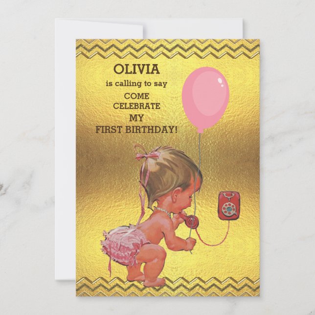 1st Birthday Baby Girl Phone Balloon Gold Chevrons Invitation (Front)