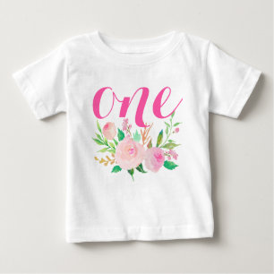 1st Birthday Baby Girl Watercolor Floral Baby T-Shirt