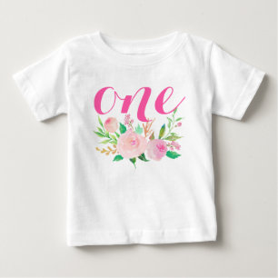 1st Birthday Baby Girl Watercolor Floral T-Shirt