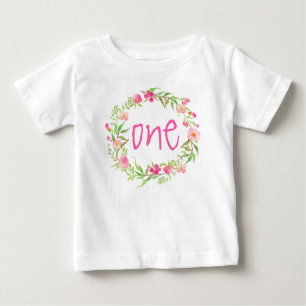 1st Birthday Baby Girl Watercolor Floral Wreath T-Shirt
