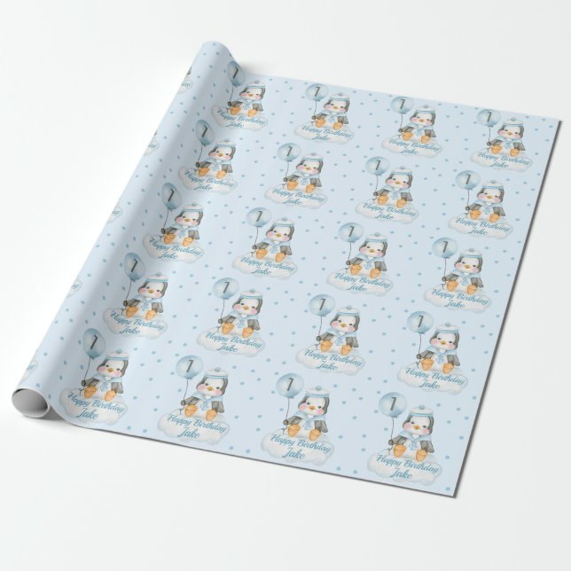 1st Birthday Baby Penguin Blue Wrapping Paper (Unrolled)