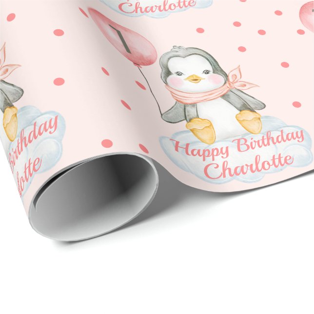 1st Birthday Baby Penguin Pink Wrapping Paper (Roll Corner)