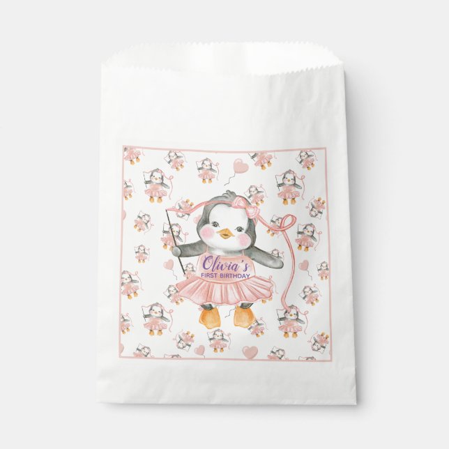 1st Birthday Ballerina Penguin Pink  Favour Bags (Front)