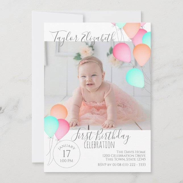 1st Birthday Balloons Bright Colourful Festive Invitation (Front)