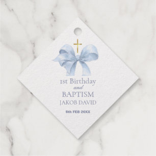 1st Birthday & Baptism Boys Blue Bow Thank You Favour Tags