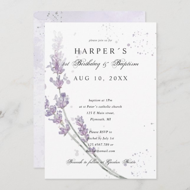 1st Birthday Baptism lavender flowers Invitation (Front/Back)