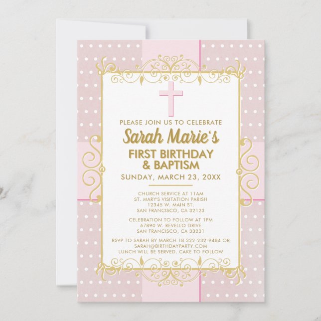 1st Birthday Baptism Pink Gold Text Polka Dot Invitation (Front)