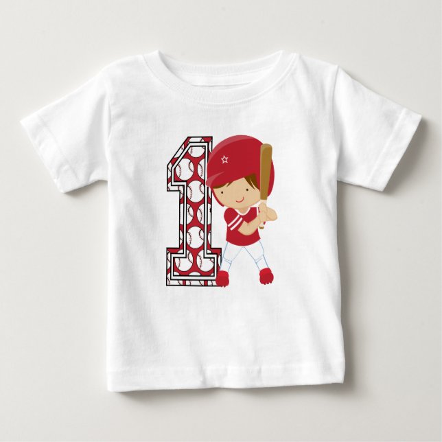 1st Birthday Baseball Batter Red and White Baby T-Shirt (Front)