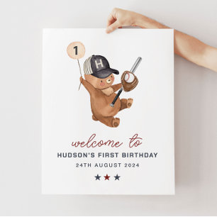 1st Birthday Baseball Bear Banner - Welcome Sign