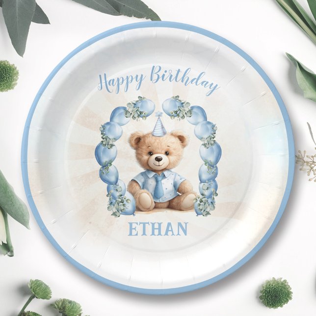 1st Birthday Bear Blue Balloon Arch Paper Plates (1st Birthday Bear Blue Balloon Arch Paper Plates)