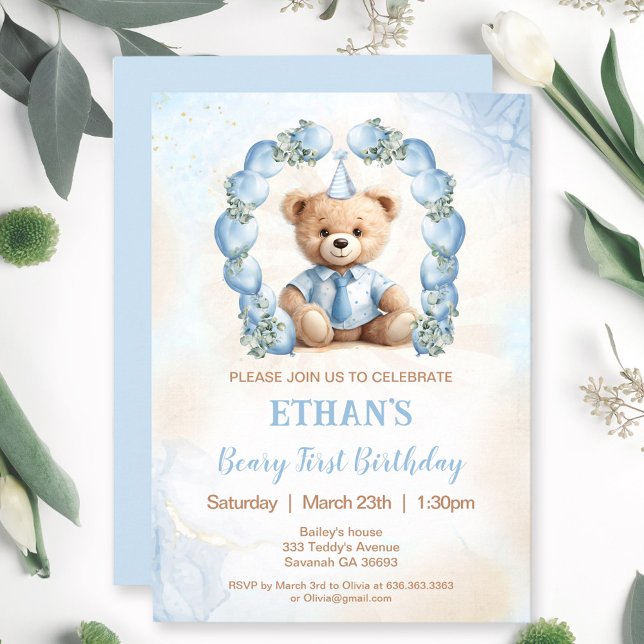 1st Birthday Bear Blue Balloons Invitation (1st Birthday Bear Blue Balloons Invitation)