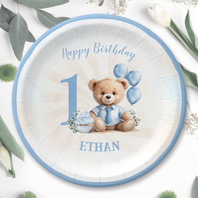 1st Birthday Bear Blue Balloons Paper Plates (1st Birthday Bear Blue Balloons Paper Plates)