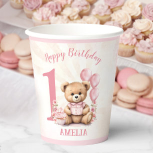 1st Birthday Bear Pink Balloons Paper Cups