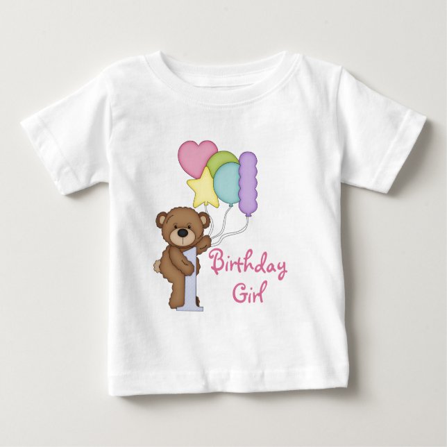1st Birthday Bear with Balloons Birthday Girl Baby T-Shirt (Front)