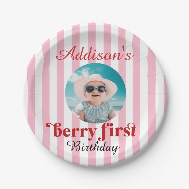 1st Birthday Berry-Sweet Birthday with Photo  Paper Plate (Front)