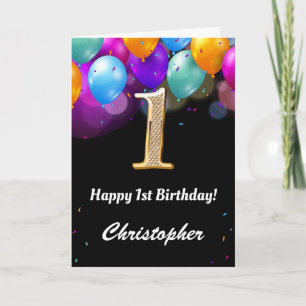 1st Birthday Black and Gold Colourful Balloons Card