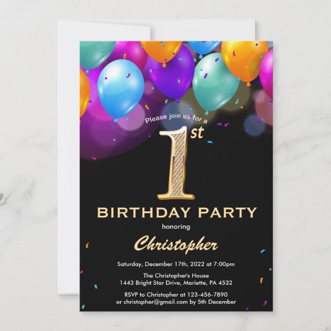 1st Birthday Black and Gold Colourful Balloons Invitation (Front)