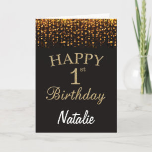 1st Birthday Black and Gold Glitter Card