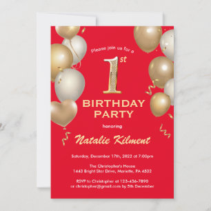 1st Birthday Black and Red Glitter Balloons Invitation