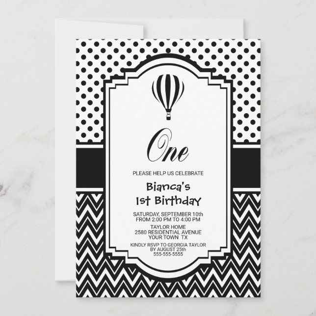 1st Birthday Black and White Hot Air Balloon Party Invitation (Front)