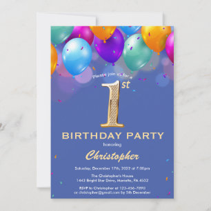 1st Birthday Blue and Gold Colourful Balloons Invitation