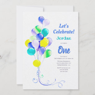 1st Birthday Blue Balloon Party Invitation