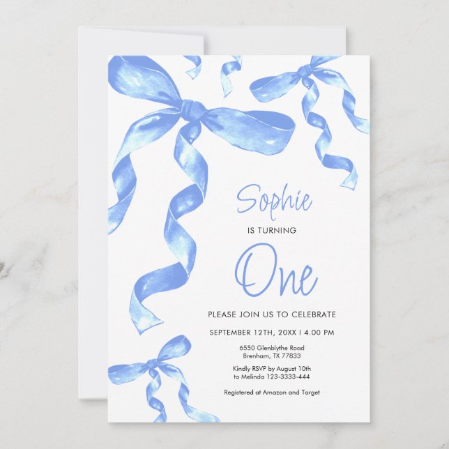 1st Birthday Blue Bow Invitation (Front)