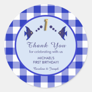 1st Birthday Blue Gingham Fish Thank You Classic Round Sticker
