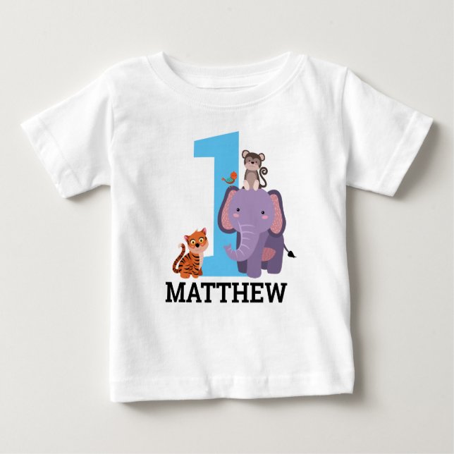 1st Birthday Blue Jungle Animals Boy Baby T-Shirt (Front)