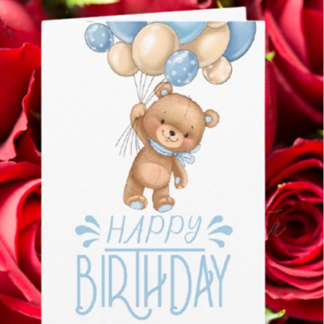 1st birthday blue teddy balloon boy card (Celebrate a boy’s  birthday with this adorable blue balloons and teddy card. )