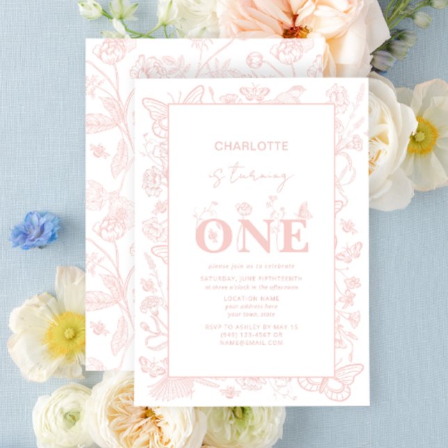 1st Birthday Blush Pink Floral Is Turning One Invitation (1st Birthday Invitation)
