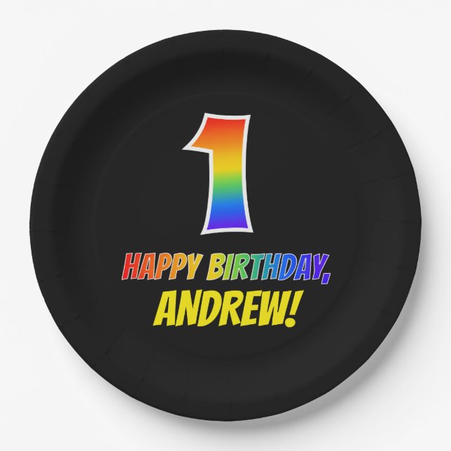 1st Birthday: Bold, Fun, Simple, Rainbow 1 Paper Plate (Front)