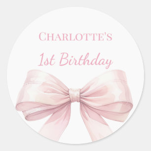 1st Birthday Bow Blush Pink Girl Classic Round Sticker