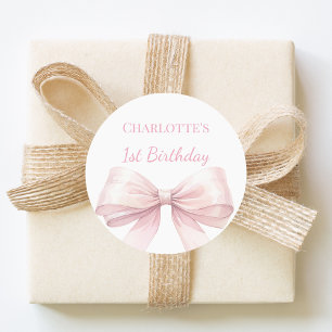 1st Birthday Bow Blush Pink Girl Classic Round Sticker