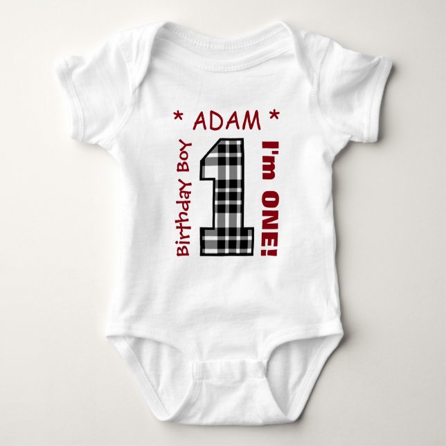 1st Birthday Boy BLACK PLAID Year Custom Name C05 Baby Bodysuit (Front)