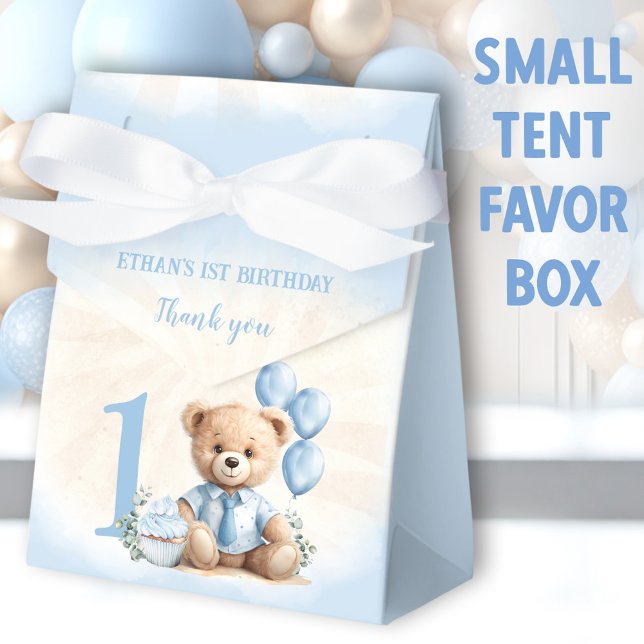 1st Birthday Boy Blue Beige Teddy Bear Tent Favour Box (Blue Bear Small Tent Favor Boxes - You can choose from 2 sizes of these tent favor boxes)