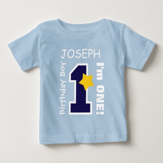 1st Birthday Boy BLUE One Year Custom Name BABY1 Baby T-Shirt (Front)