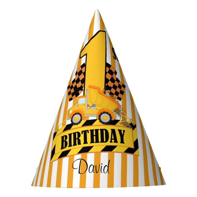 1st Birthday Boy Construction Theme  Party Hat (Front)