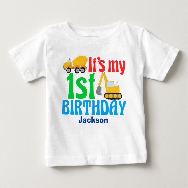 1st Birthday Boy Construction Vehicle Party Baby T-Shirt (Front)